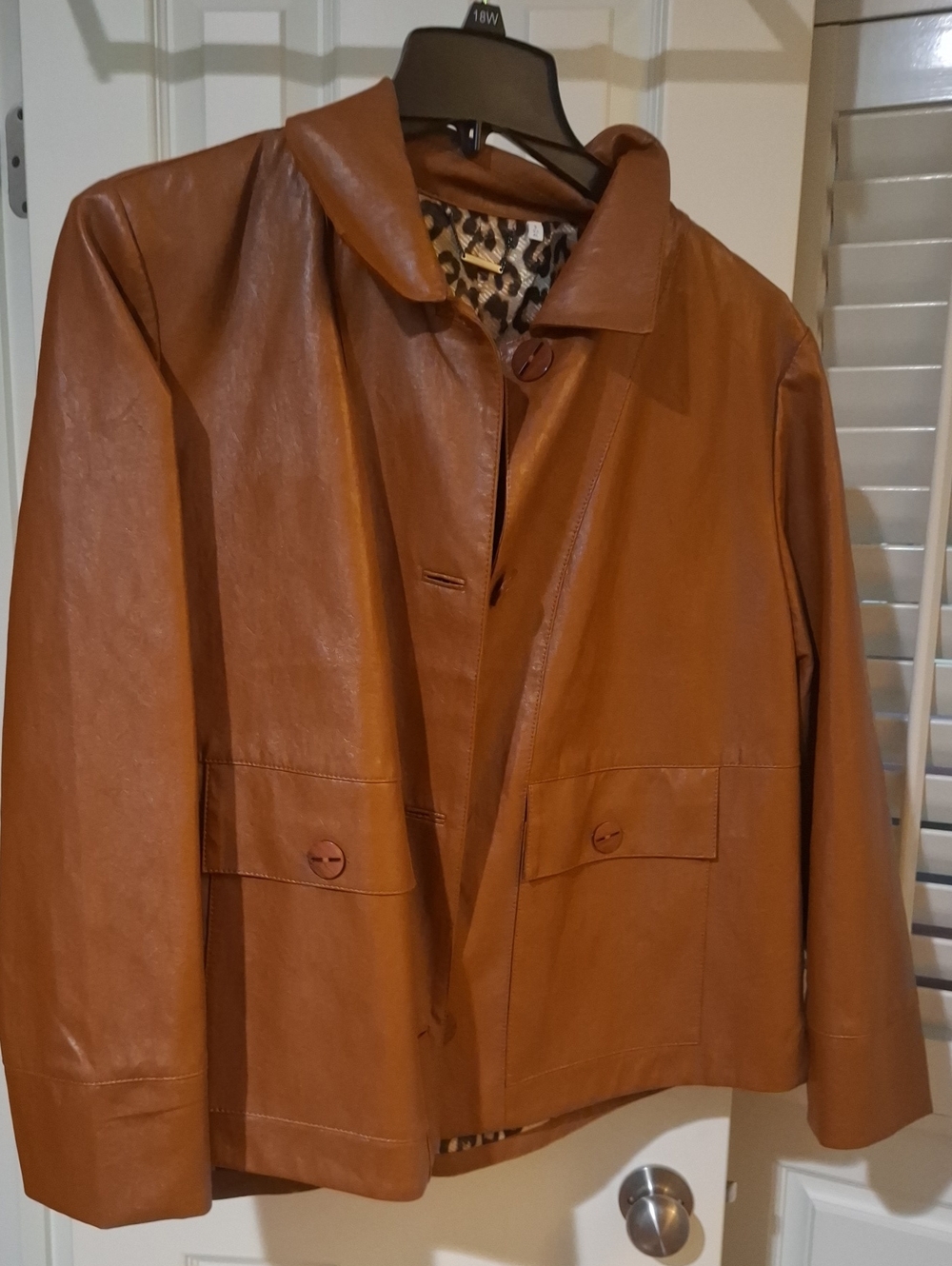 Chico's Tan Leather Jacket with Leopard-Print Lining